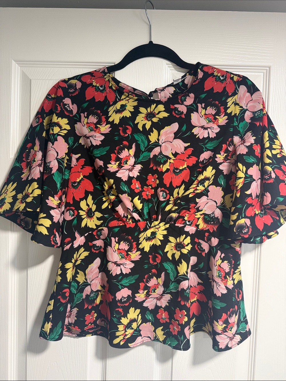Topshop Floral Flutter Sleeve Peplum Top - Black with Pink, Red & Yellow Flowers